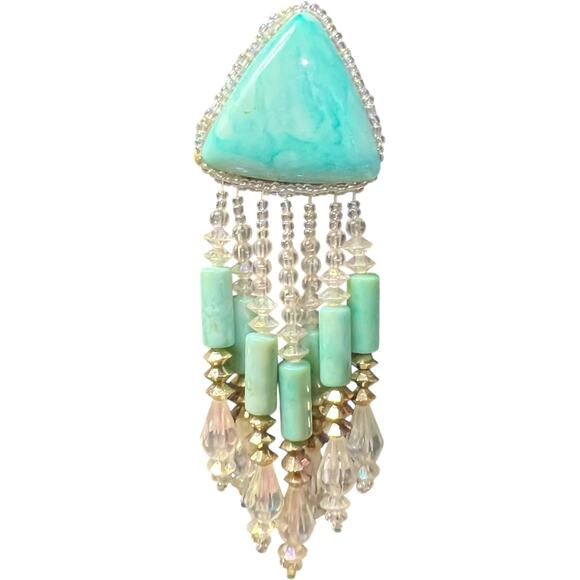 Single Vintage Turquoise Triangle Statement Earring Crystal Fringe - Picture 7 of 11